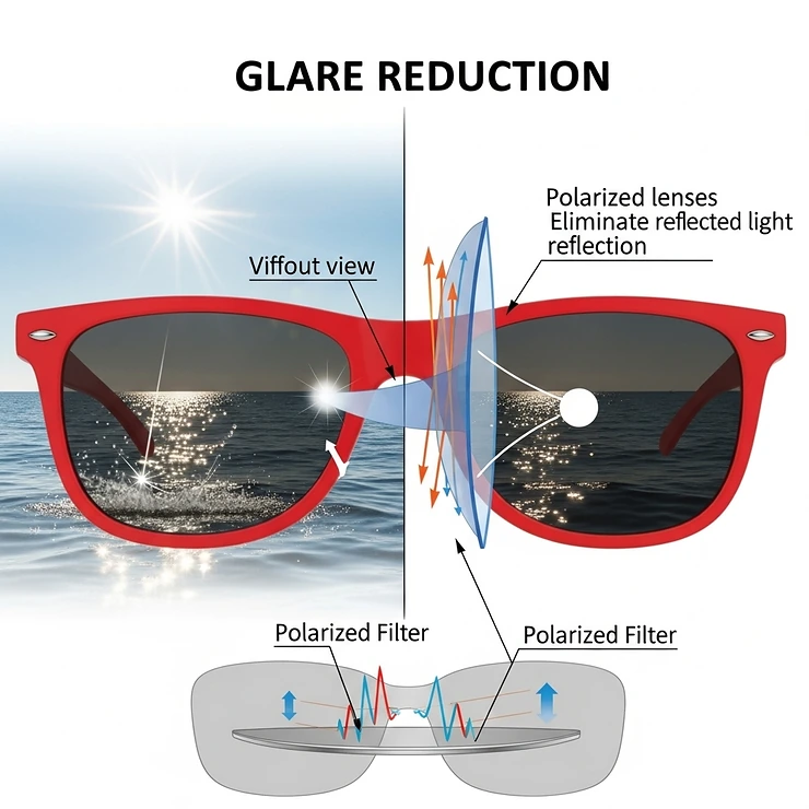 Technical illustration highlighting the polarized lenses of red sunglasses, demonstrating glare reduction.