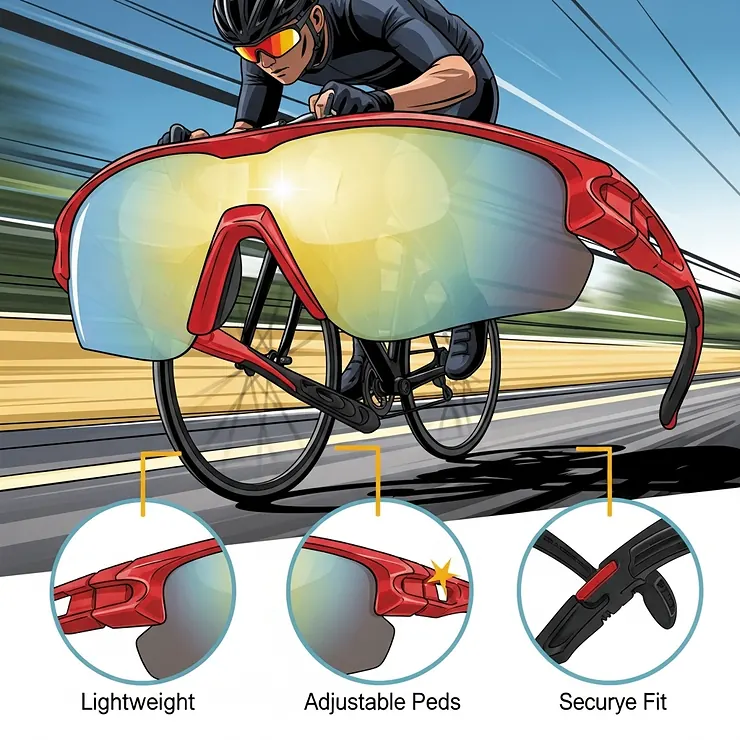 Dynamic illustration of red sport sunglasses with reflective lenses, ideal for cycling or running activities.