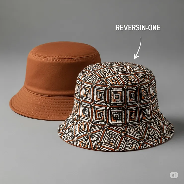 A two-in-one reversible short brim bucket hat, showing both its solid and patterned sides.