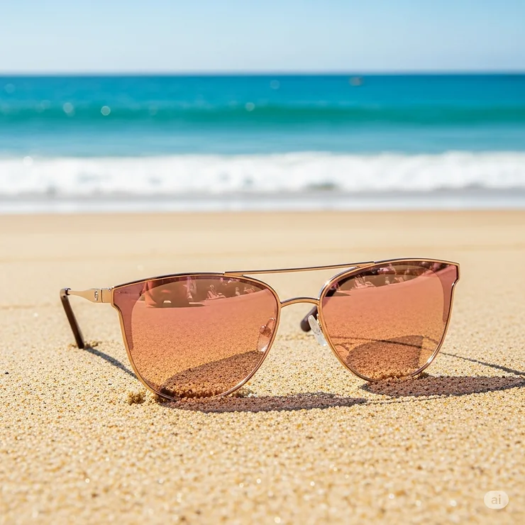 Rose gold sunglasses placed on a sandy beach, with the ocean in the background, perfect for summer wear.