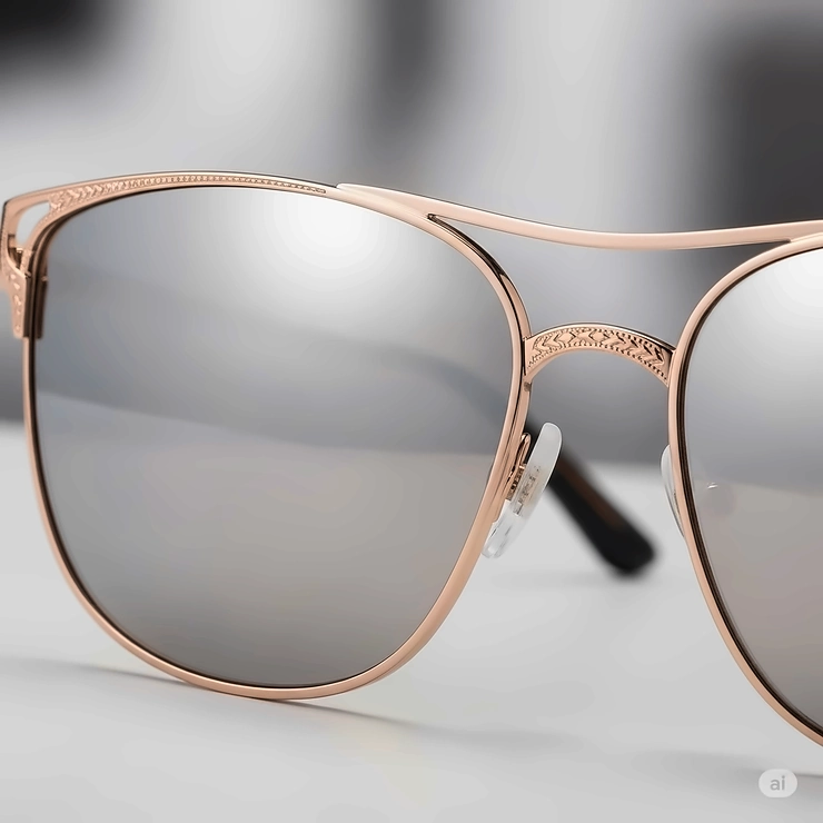 Close-up of elegant rose gold sunglasses with mirrored lenses, showcasing the intricate frame detail.
