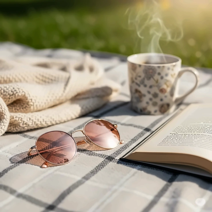 Lifestyle shot of rose gold sunglasses resting on a picnic blanket with a book and coffee, embodying relaxation.