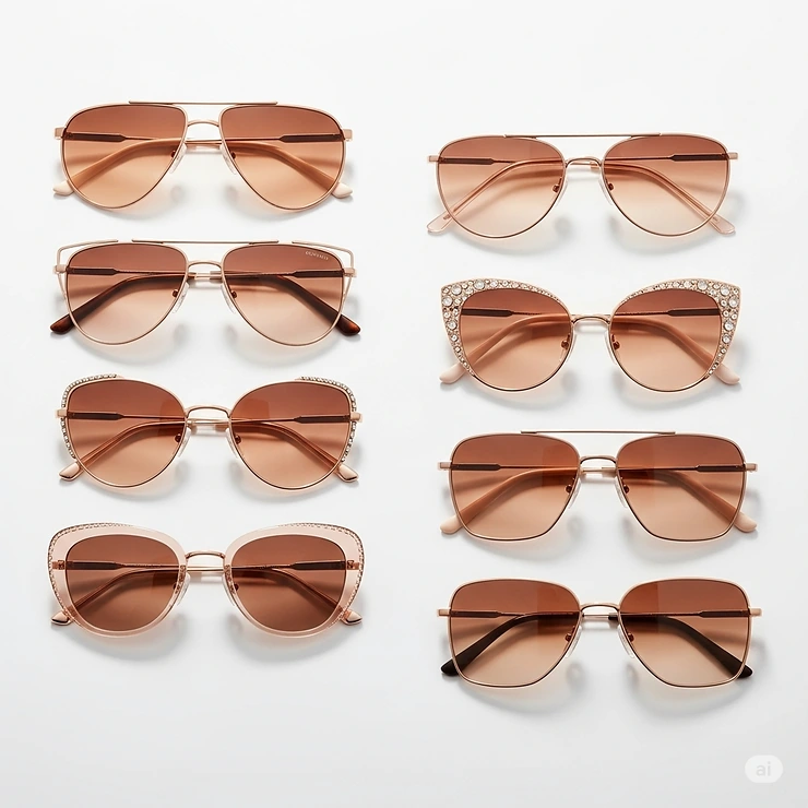 Clean product display of various rose gold sunglasses styles, emphasizing their unique designs and colors.