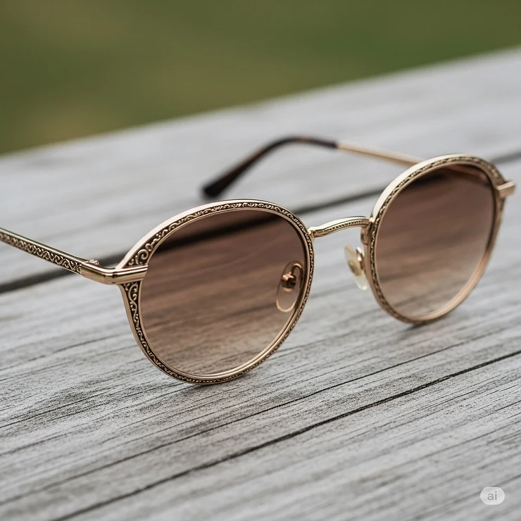 Detailed shot of chic round gold frame sunglasses on a wooden surface, highlighting the intricate metalwork and vintage appeal.