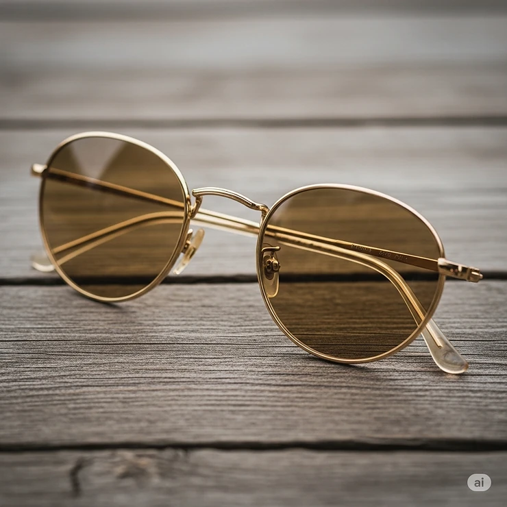 A pair of classic round gold sunglasses frames resting on a wooden surface, showcasing their vintage charm.