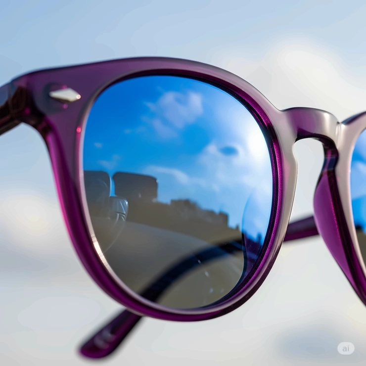 Close-up of elegant round-frame purple color sunglasses reflecting a bright sky.