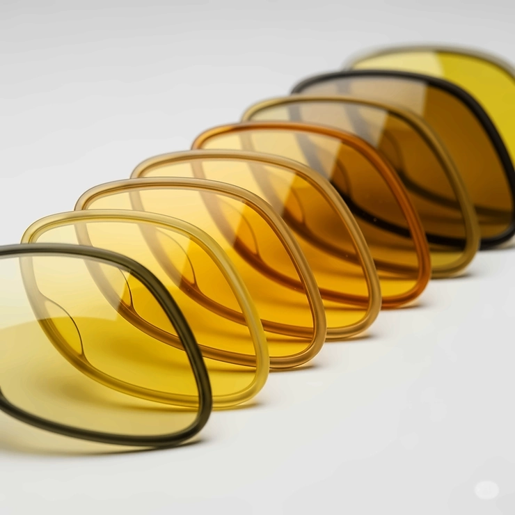 Assortment of mens yellow sunglasses lenses in various shades, from pale to deep amber.