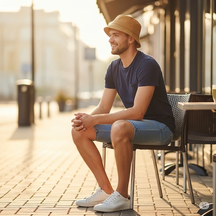 A stylish person wearing a classic tan short brim bucket hat while enjoying a sunny day outdoors.