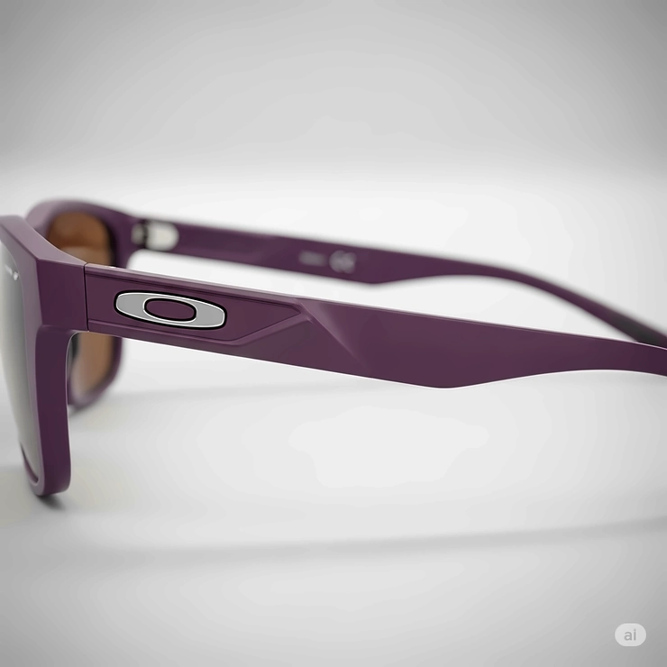 Side profile of purple Oakley sunglasses, emphasizing the sleek design of the temples and the iconic Oakley logo.