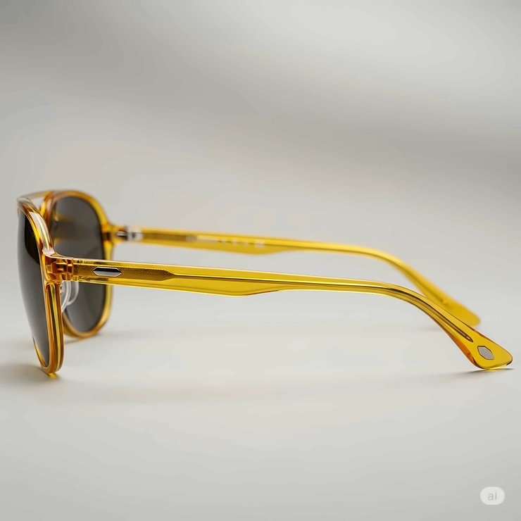 Side view of sleek yellow aviator sunglasses, emphasizing the lightweight design and ear temple details.