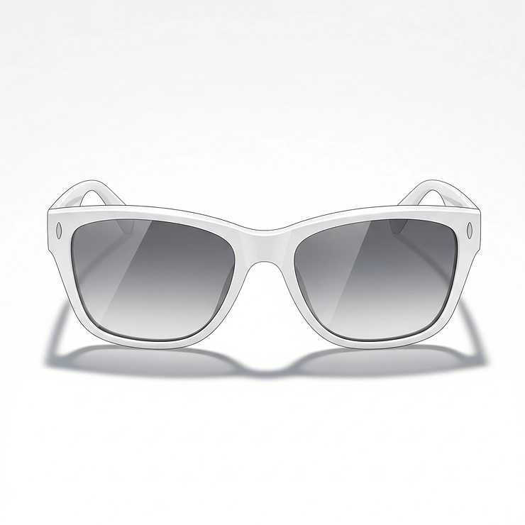 Illustration showcasing a pair of sleek, modern white sunglasses from a front view, emphasizing their clean design.
