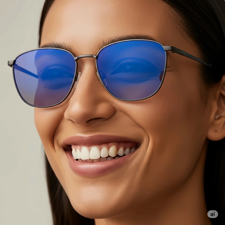 Happy person smiling while wearing stylish blue colored lens sunglasses, conveying confidence and joy.