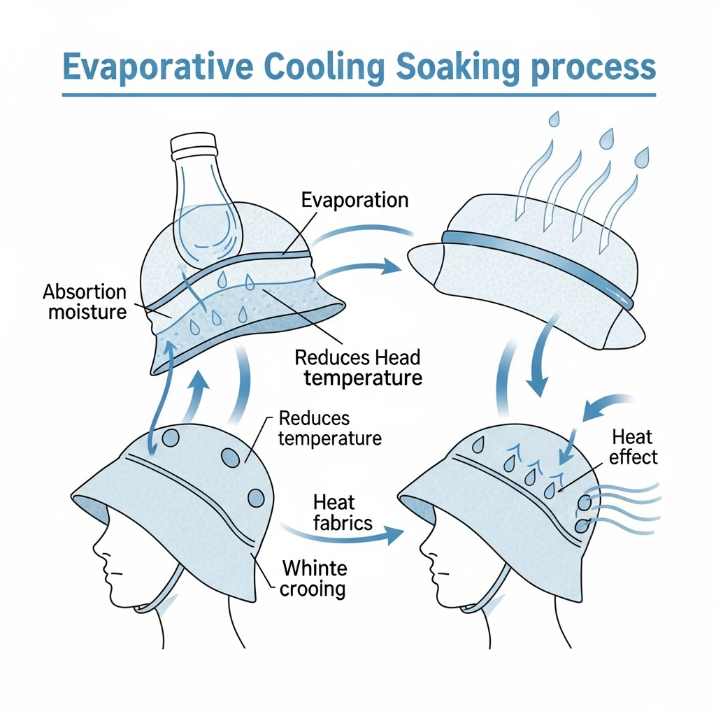 A diagram illustrating the evaporative cooling process of a soaker hat, explaining how moisture helps lower head temperature.