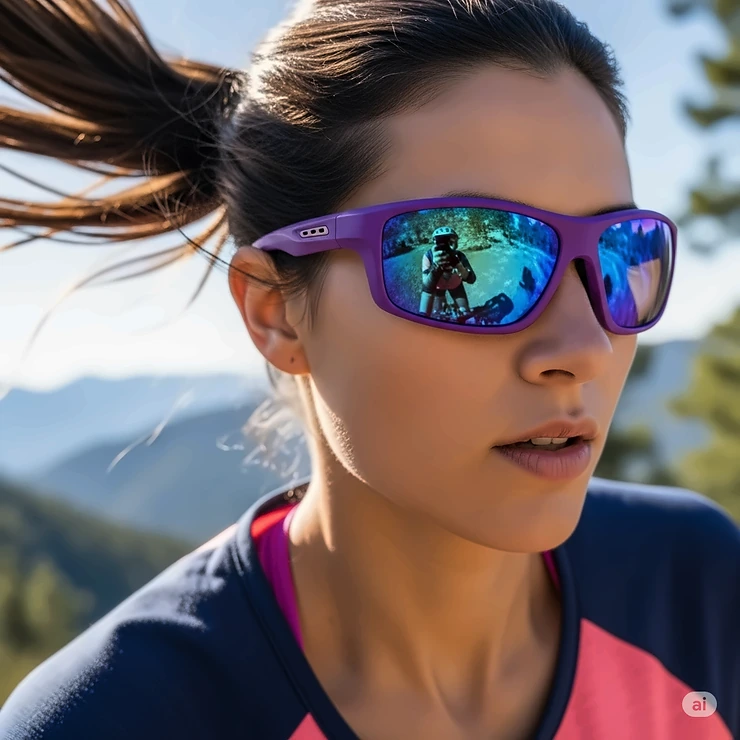 Dynamic image of sporty purple sunglasses for active women, ideal for outdoor activities.