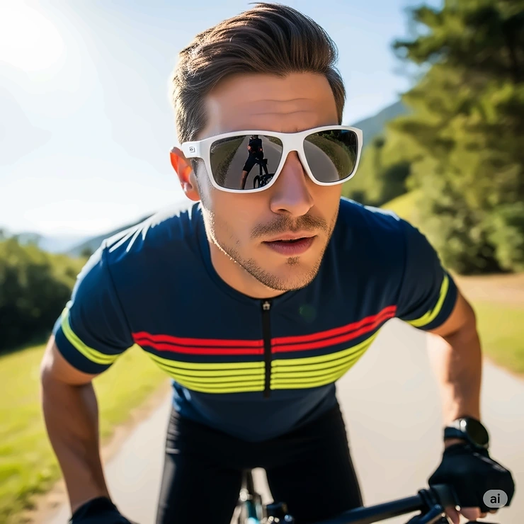 Active man sporting sleek white sunglasses, ideal for outdoor sports and athletic activities.