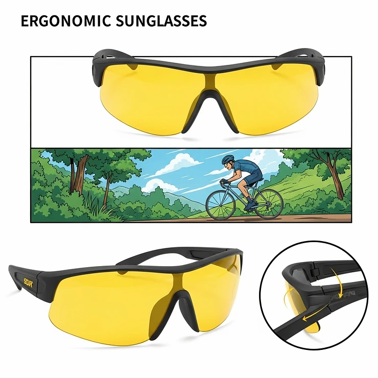 Dynamic illustration of sporty yellow sunglasses ideal for cycling or outdoor activities, highlighting their ergonomic design.