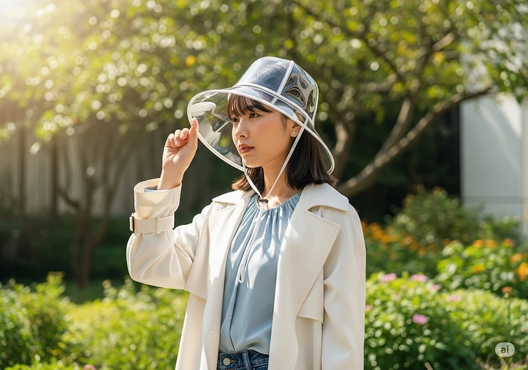 A fashion-forward woman looking through the transparent brim of a clear canopy womens rain hat, a trendy and practical choice for maintaining visibility.