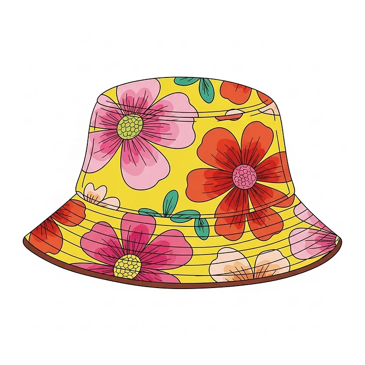 An illustration showcasing a fashionable bucket hat with a vibrant floral print, perfect for adding a stylish touch to any summer outfit.