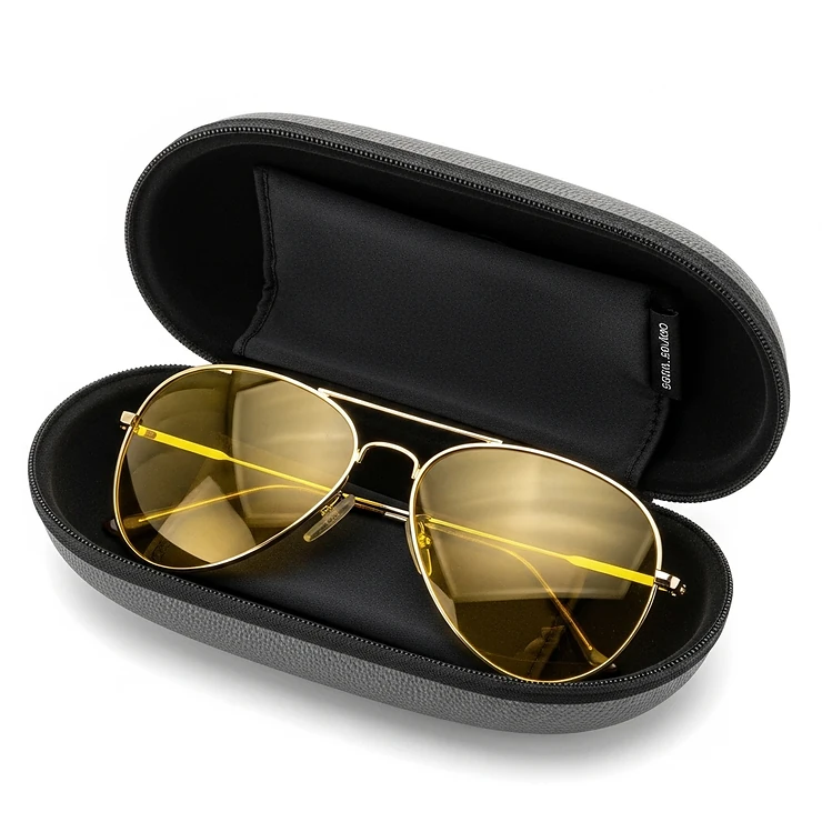 Yellow lens aviator sunglasses neatly placed inside a protective case, emphasizing their care and durability.
