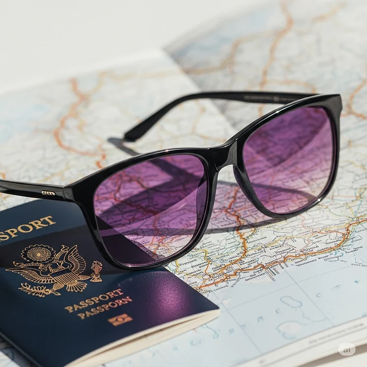 Purple lens sunglasses alongside travel essentials like a passport and map, suggesting them as ideal travel companions.