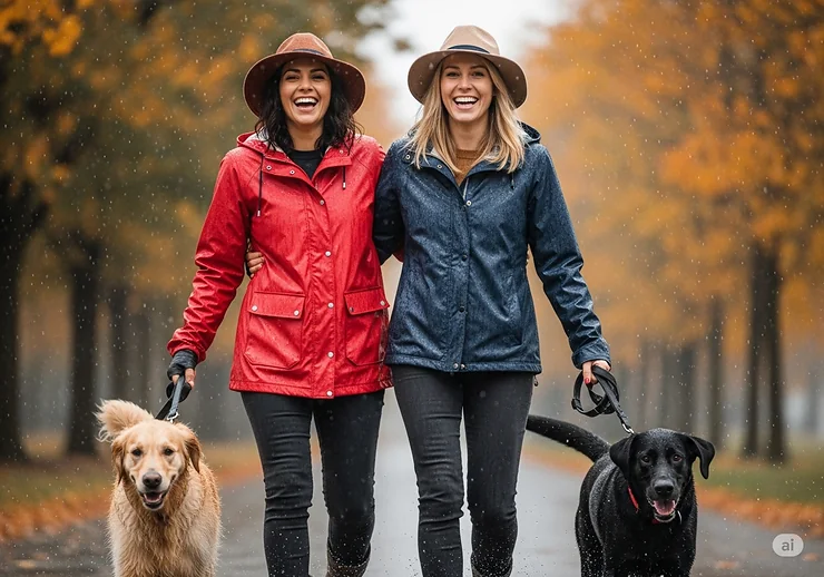 Two friends laugh while walking their dogs in the rain, both wearing fashionable and functional womens rain hats to stay dry and comfortable.