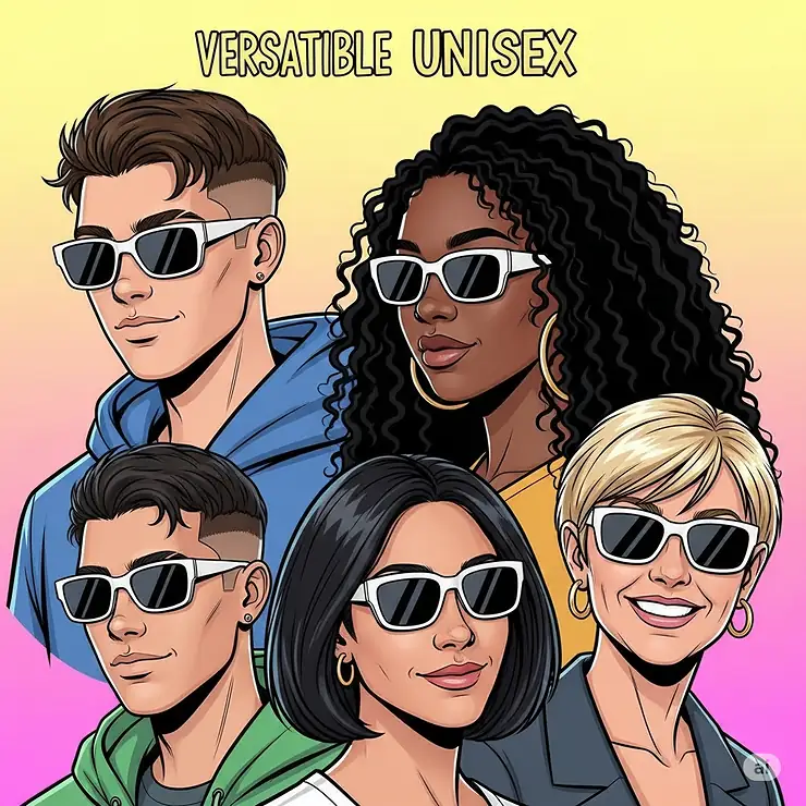 An illustration highlighting the versatile, unisex design of white sunglasses suitable for anyone.