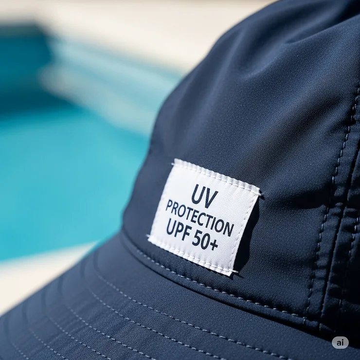 A close-up of a pool hat with a tag indicating UV protection (UPF 50+), highlighting its sun-blocking benefits.