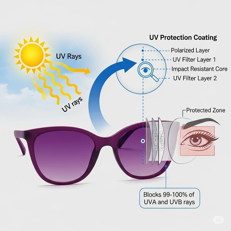 Diagram emphasizing UV protection features in purple sunglasses for women.