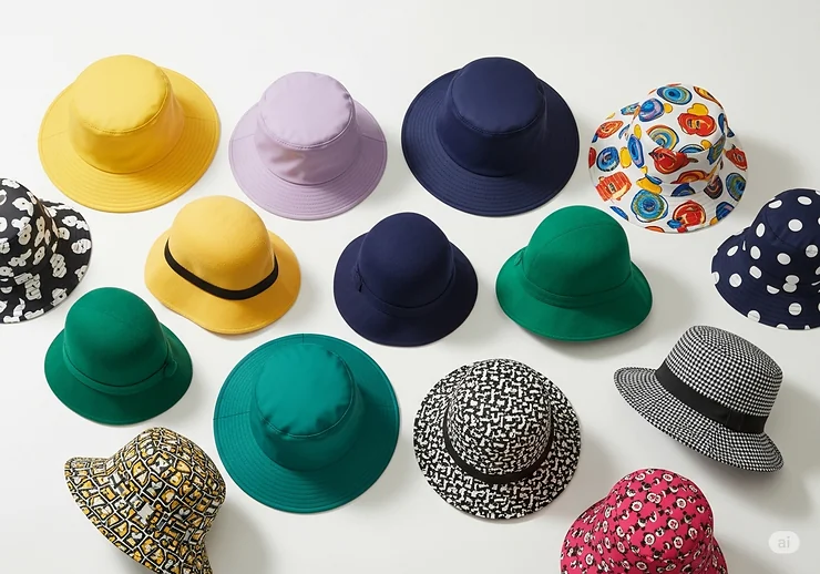 An overhead view displaying a colorful assortment of womens rain hats in various styles, including bucket, cloche, and wide-brimmed designs.