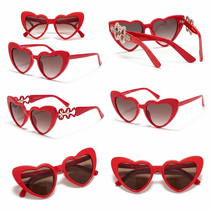 Collection of red heart sunglasses displayed from multiple angles, showing different design variations.