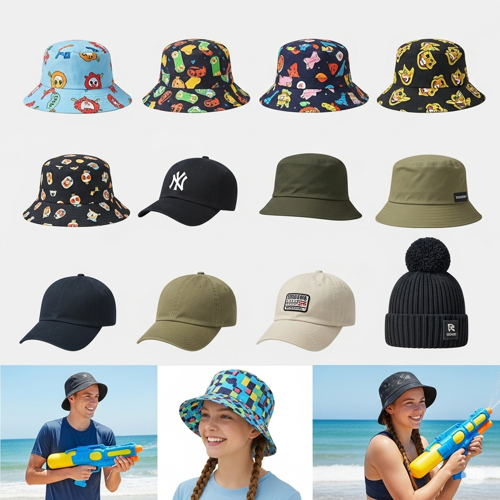An array of diverse soaker hat styles and colors, showcasing the variety available for different preferences and activities.