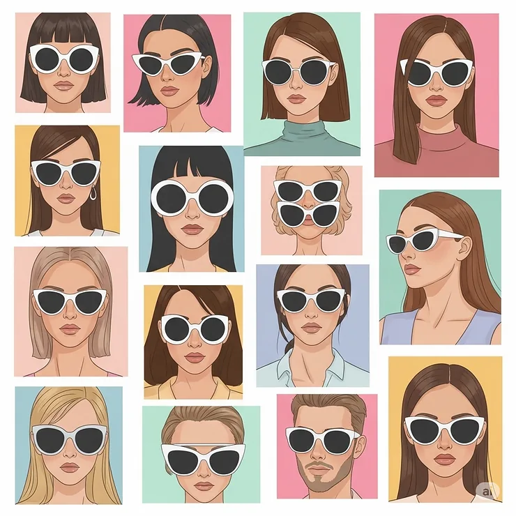 An illustration collage displaying various styles of white sunglasses, including cat-eye, round, and aviator shapes, for different face types.