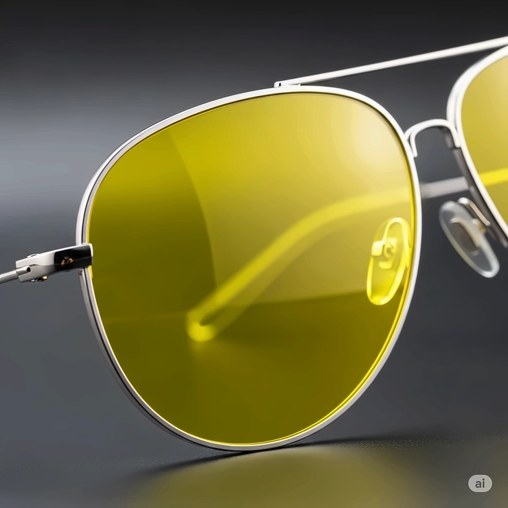 Bright yellow tinted lenses of aviator sunglasses, offering enhanced clarity and unique style.