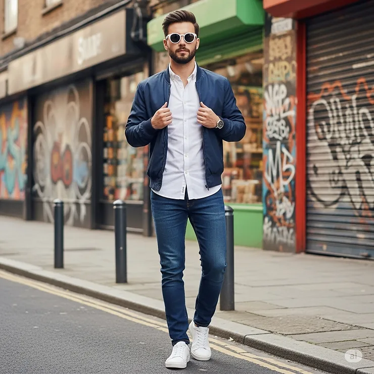 Trendy man showcasing round frame white sunglasses, a modern accessory for any outfit.