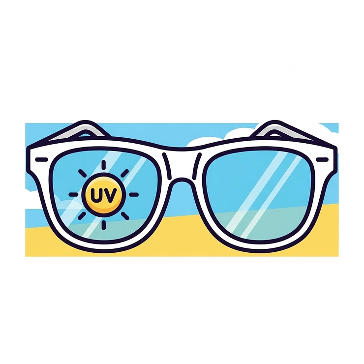 Illustration depicting white sunglasses with a sun icon, symbolizing their effective UV protection against harmful rays.