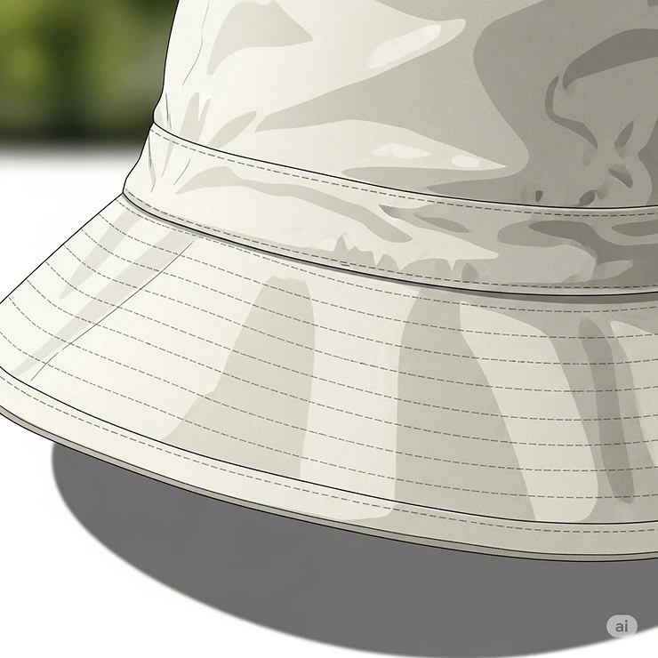 Close-up illustration of a wide-brimmed, light-colored bucket hat providing excellent sun protection, ideal for hot summer days.