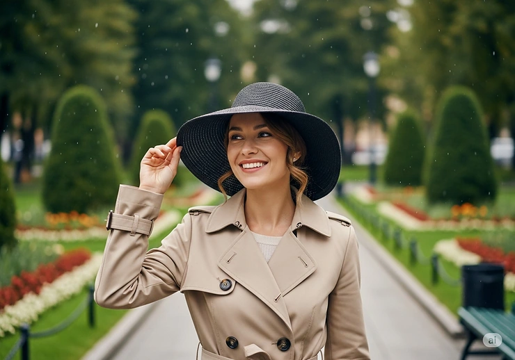 A woman in a classic trench coat smiles while wearing a chic, wide-brimmed womens rain hat, protecting her from a light drizzle in a city park.
