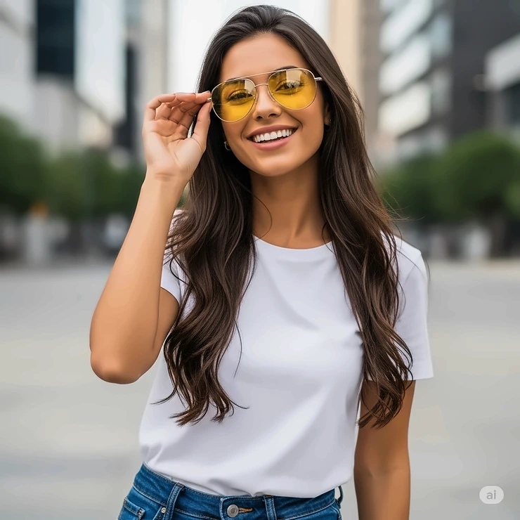 Woman posing with modern yellow tint aviator sunglasses, highlighting their fashionable design and versatility for any outfit.