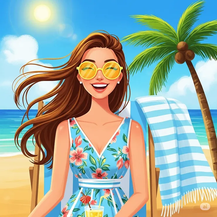 Woman with yellow tinted sunglasses enjoying a sunny beach day, highlighting eye protection.