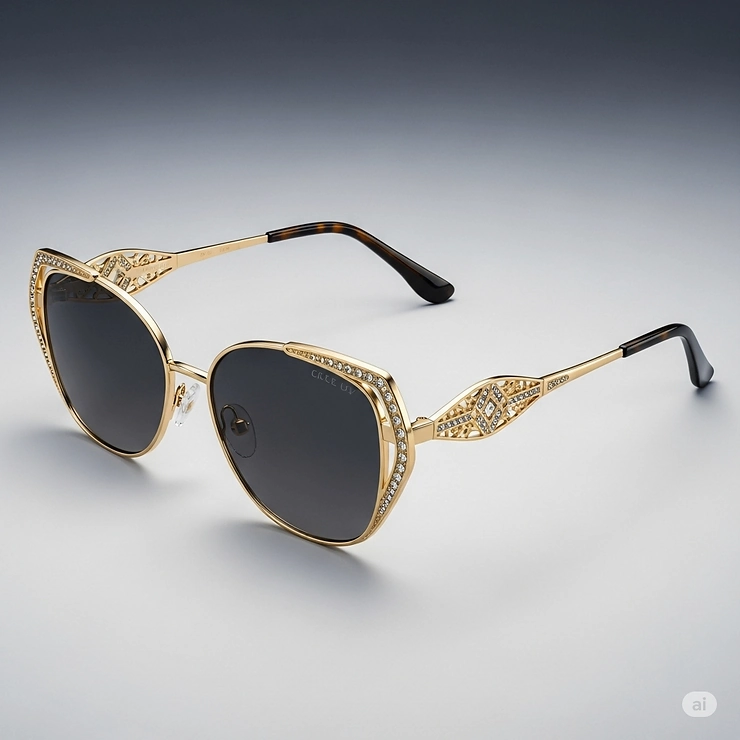 Elegant women's gold frame sunglasses with embellished temples, offering a luxurious and fashionable accessory for sunny days.