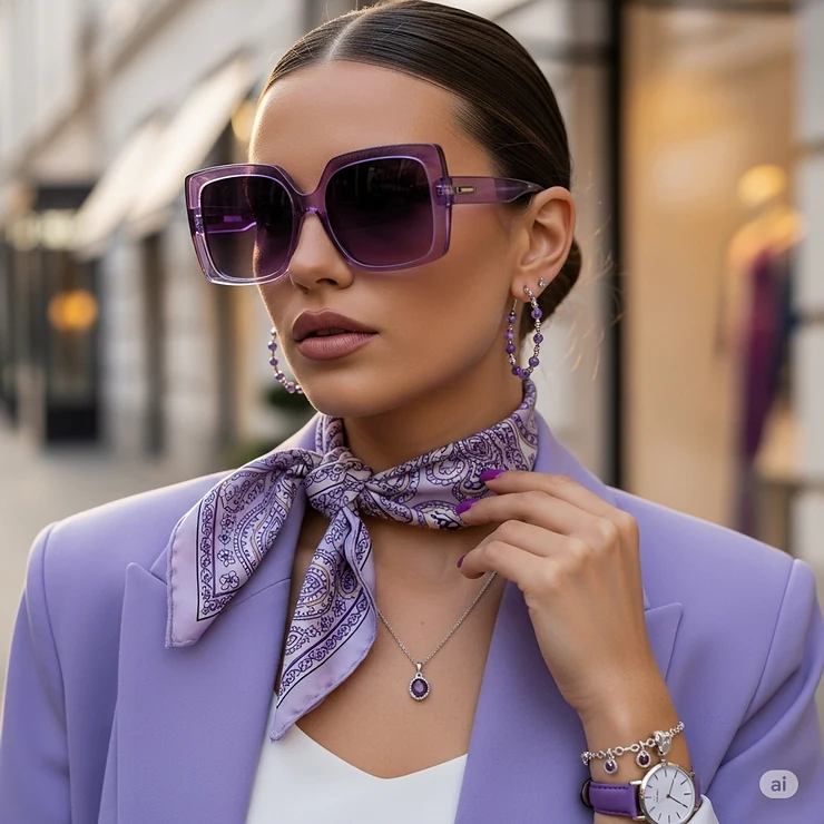 Image featuring purple sunglasses for women styled with complementary fashion accessories.