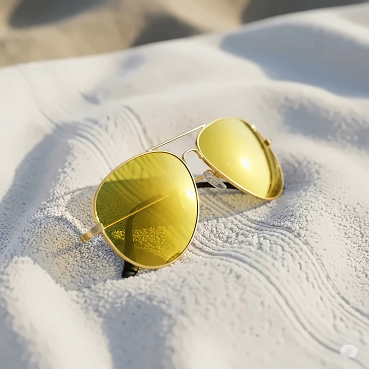 Yellow aviator sunglasses resting on a sandy beach towel, perfect for summer style.
