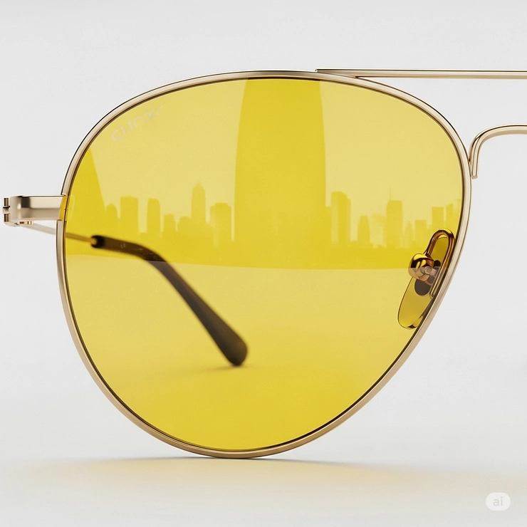 Close-up view of sleek yellow aviator sunglasses for men, showcasing the reflective lenses.