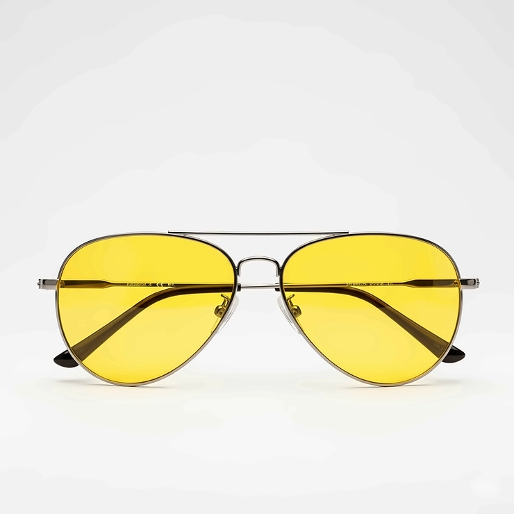 Clean product shot of yellow lens aviator sunglasses against a plain background, ideal for e-commerce listings.