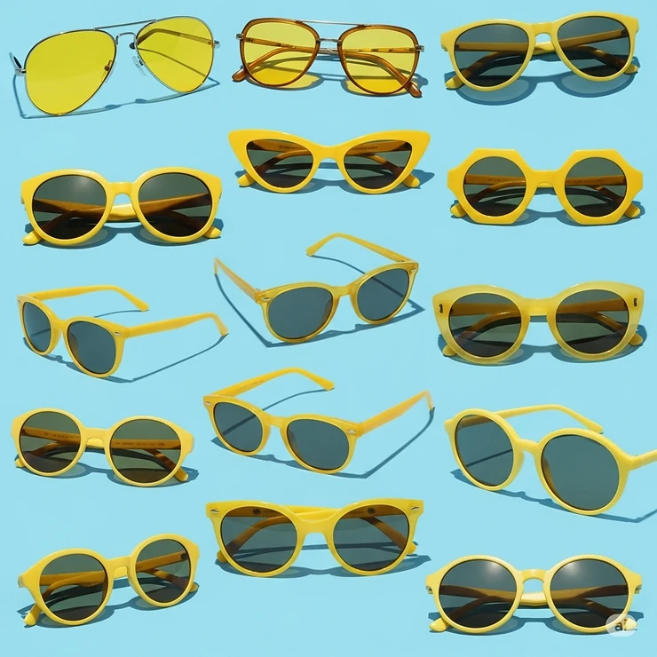 Collage showcasing different styles of yellow frame sunglasses, including aviator, cat-eye, and round designs.