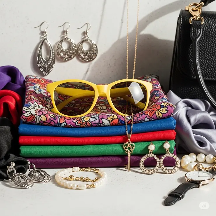 Stylish arrangement of various fashion accessories, featuring a pair of chic yellow frame sunglasses as a centerpiece.