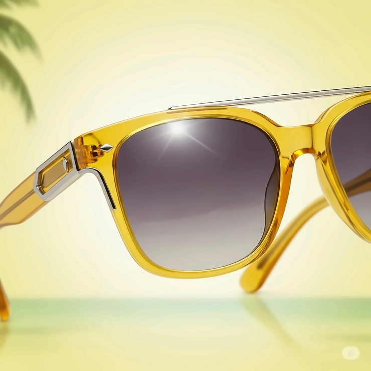 Close-up of stylish yellow frame sunglasses resting on a wooden table, showcasing their unique design and vibrant color.