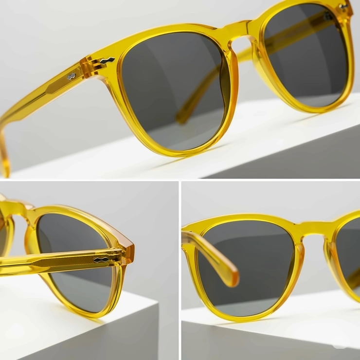 Detailed studio product shot of yellow frame sunglasses, highlighting their craftsmanship and lens quality.
