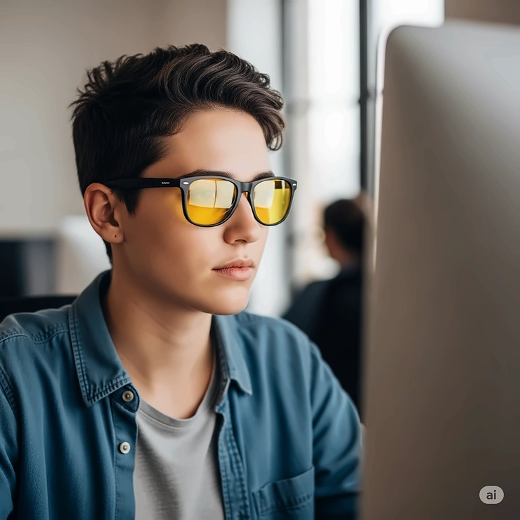 Person wearing yellow lens sunglasses while working on a computer, benefiting from their blue light blocking properties for eye comfort.