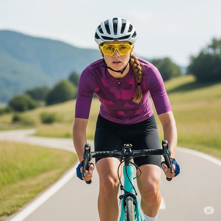 Cyclist wearing sporty yellow lens sunglasses, designed to enhance depth perception and reduce glare on bike trails.